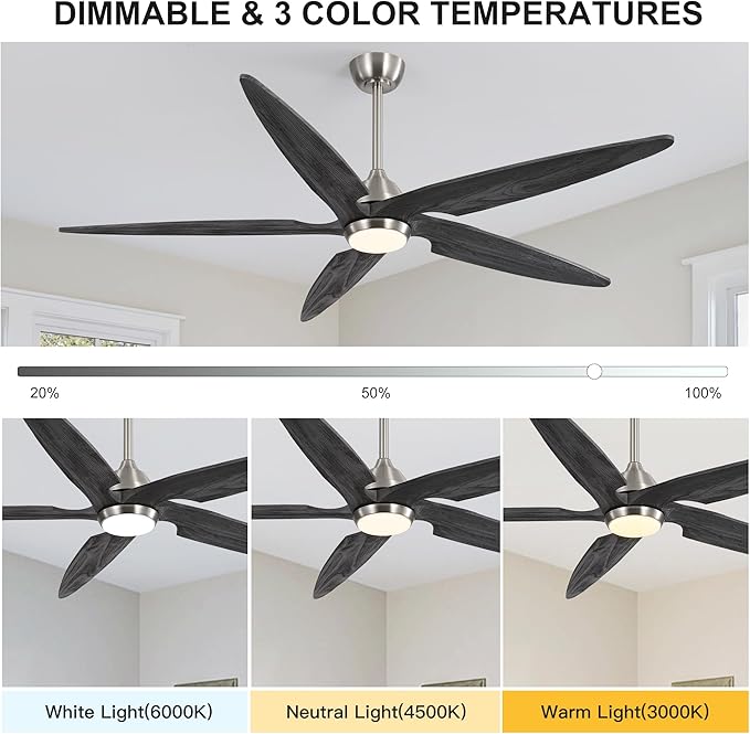Modern Ceiling Fan with Lights and Remote, 5 Solid Wood Reversible Blades, 6-Speed Noiseless DC Motor with Replaceable Downrods for Bedroom Living Room Dining Room (Nickel and Gray, 64")