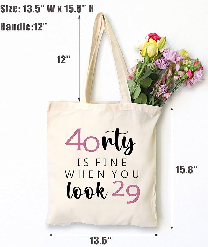 Forty Is Fine When You Look 29 - Shoulder Bag Shopping Bag Tote Bag Gift – Funny 40th Birthday Gifts for Women Boss,Wife,Co-workers,Sisters,Bestie,Best Friends - Forty Thirty - 40 Years Old Present