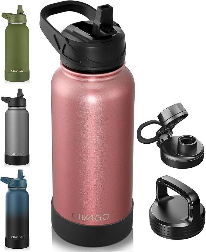 CIVAGO 32 oz Insulated Water Bottle With Straw, Stainless Steel Sports Water Flask Cup with 3 Lids (Straw, Portable Spout and Handle Lid), Double Walled Travel Thermal Canteen Mug, Rose Gold