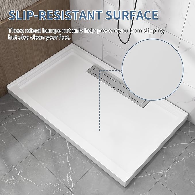Acrylic Shower Base with Left or Right Drain, Single Threshold, Rectangular Shower Pan, Slip-Resistant Textured Surface,Includes Stainless Steel Chrome Trench Cover (white, 60"×36"×4")