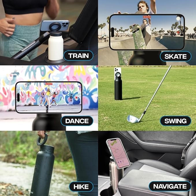 Ringo Insulated Water Bottle- Compatible MagSafe Water Bottle Phone Holder-Stainless Steel School Water Bottle Magnetic Phone Mount for Kids & Adult - Hot 12H Cold 24H 360° Rotate-Stainless Steel 24oz