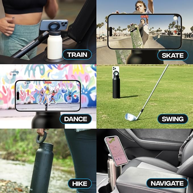 Ringo Insulated Water Bottle - Compatible MagSafe Water Bottle w/Phone Holder - Stainless Steel School Water Bottle w/Magnetic Phone Mount for Kids & Adult-Hot 12H, Cold 24H 360° Rotate - Black 24oz