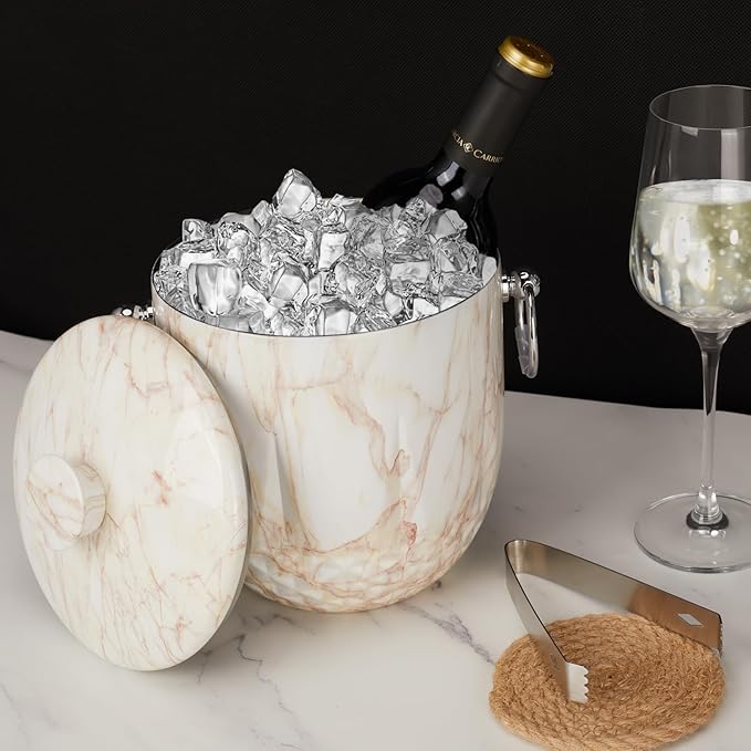 Ice Bucket with Lid, 3L Diamond Bottom Design Double Wall Stainless Steel Insulated Ice Bucket, Champagne Bucket, Wine Bucket for parties, cocktail bar, Marble