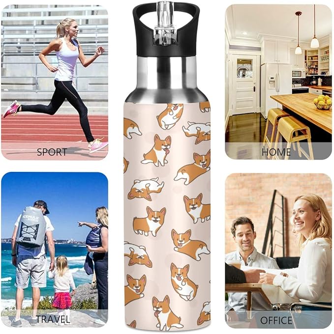 Blueangle 22 OZ Cartoon Corgis Pattern Water Bottle with Straw, Sports Water Bottle BPA Free Stainless Steel Water Jugs for Gym, Kitchen, Working, Outdoor