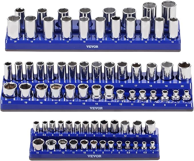 VEVOR Magnetic Socket Organizer Set, 3PCS Magnetic Socket Holder, 1/4'', 3/8'' & 1/2'' Metric Socket Trays with Clear Labels, Hold up to 75PCS Standard & Deep Sockets, Blue (Sockets Not Included)
