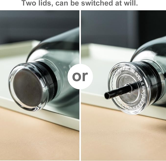 Glass water bottle With Time Marker -24oz with 2 caps and straw,Reusable Glass Drinking Bottles，Suitable For Drinks, Juices, Sodas, Coke, As Gifts Etc (24oz)