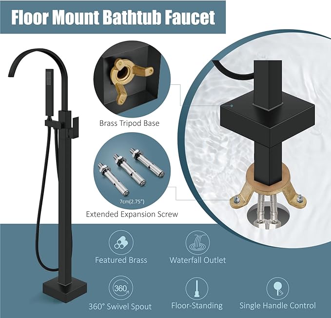 Aolemi Matte Black Freestanding Tub Filler Bathtub Faucet Floor Mounted Bathroom Waterfall Tap Brass Swivel Spout Single Handle with Handheld Shower