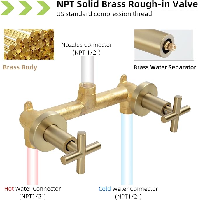 2 Handles Shower Faucet Set,Tub and Shower Trim Kit with Rough-in Valve,Wall Mounted 2 Knobs Single Function Shower Faucet,Brushed Gold,1A4MK