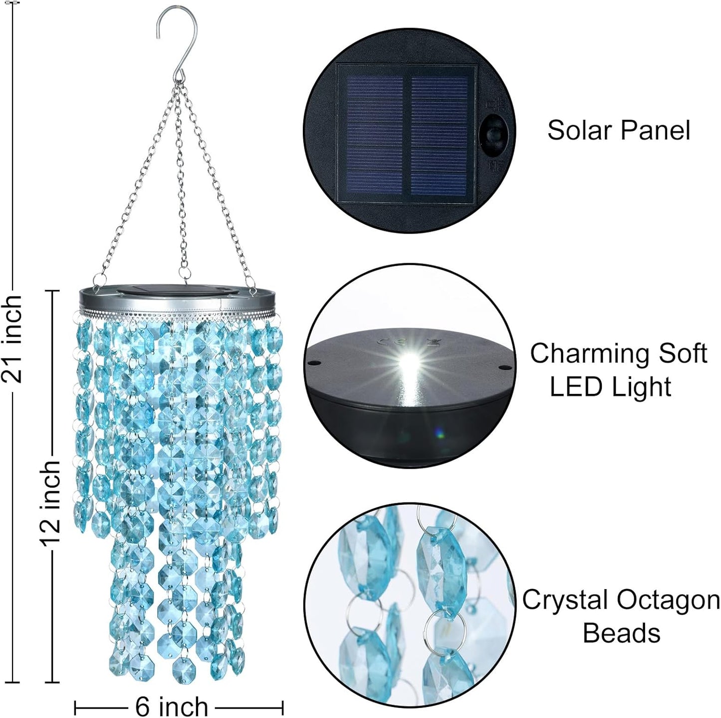 Hanging Solar Lantern Outdoor, 2 Tiers 21” Solar Blue Acrylic Beaded Chandelier with Cool White LED S Hooks for Garden Yard Patio Gazebo Outside Decor