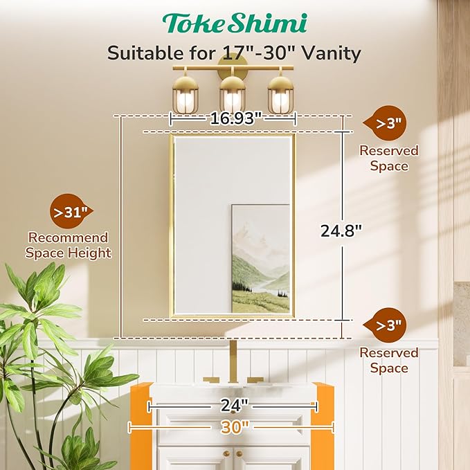 TokeShimi 17x25 Recessed Medicine Cabinet with Mirror Surface Mount, Aluminum Framed Metal White and Gold Medicine Cabinet with Mirrored, Bathroom Beveled Mirror Adjustable Storage