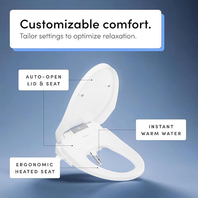 TUSHY Aura Luxury Bidet Seat | Heated Toilet Seat with Temperature Control, Water & Dryer. Instant Warm Water for a Comfortable Clean (Remote Control & Auto Open w/Soft Close Lid), Elongated