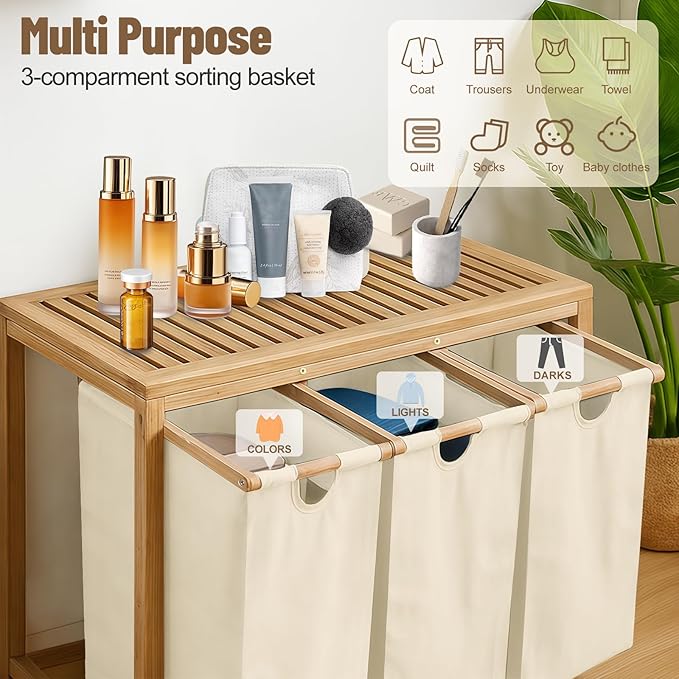 Bamboo Laundry Hamper 3 Section with Lid, 150 L Laundry Sorter with Pull-Out Removable Washable Bags, 3 × 12.5 Gal Divided Laundry Baskets for Laundry Room, Bathroom (Beige)