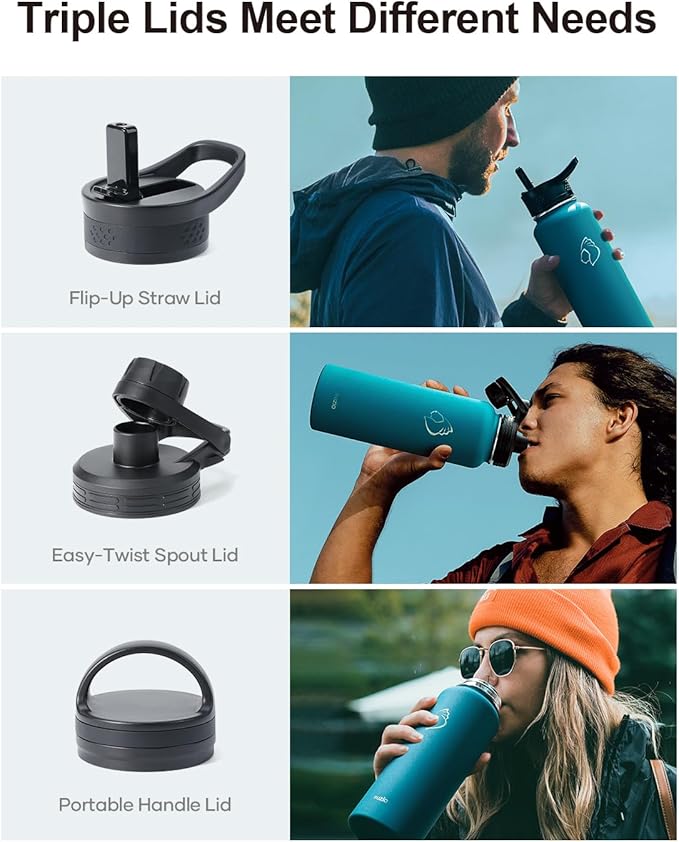 BUZIO Water Bottle with Straw lid, Spout Lid, Hand Lid and Carrying Pouch, 32oz 40oz 64oz Stainless Steel Water Flask Jug, Cold for 48 Hrs Hot for 24 Hrs Double Vacuum Thermo Canteen Mug, BPA-Free