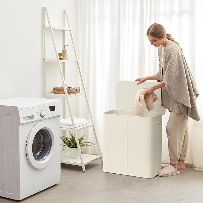 Lifewit Double Laundry Hamper with Lid and Removable Laundry Bags, Large Collapsible 3 Dividers Dirty Clothes Basket with Handles for Bedroom, Laundry Room, Closet, Bathroom, College, 145L White