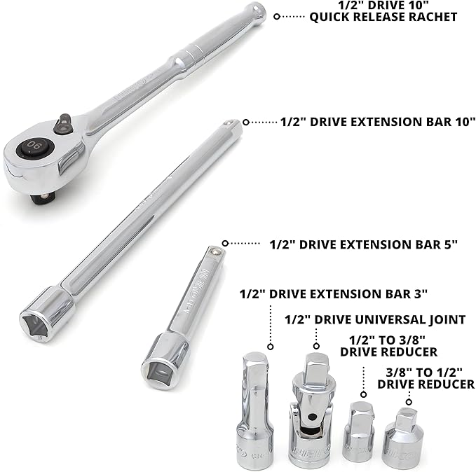 Neiko 02479A 1/2 Inch-Drive Colored Mechanics Tool Ratchet, Socket Set, 68 Piece Standard and Deep SAE Sizes 3/8" to 1-1/4" Metric Sizes 10 mm to 24 mm Made with CrV Steel for Auto Repair