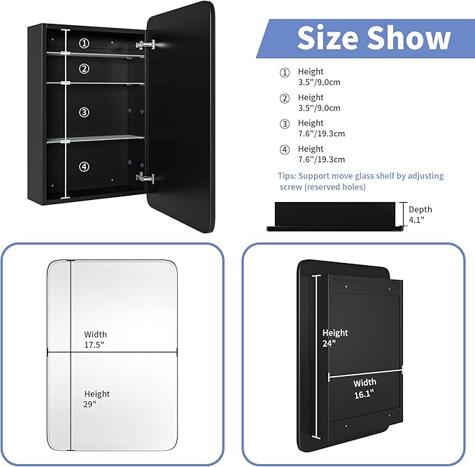 Vintage-Style Bathroom Wood Black Cabinet with 17.5''x29'' Curved Mirror, Recessed Medicine Cabinet, Bathroom Storage Cabinet