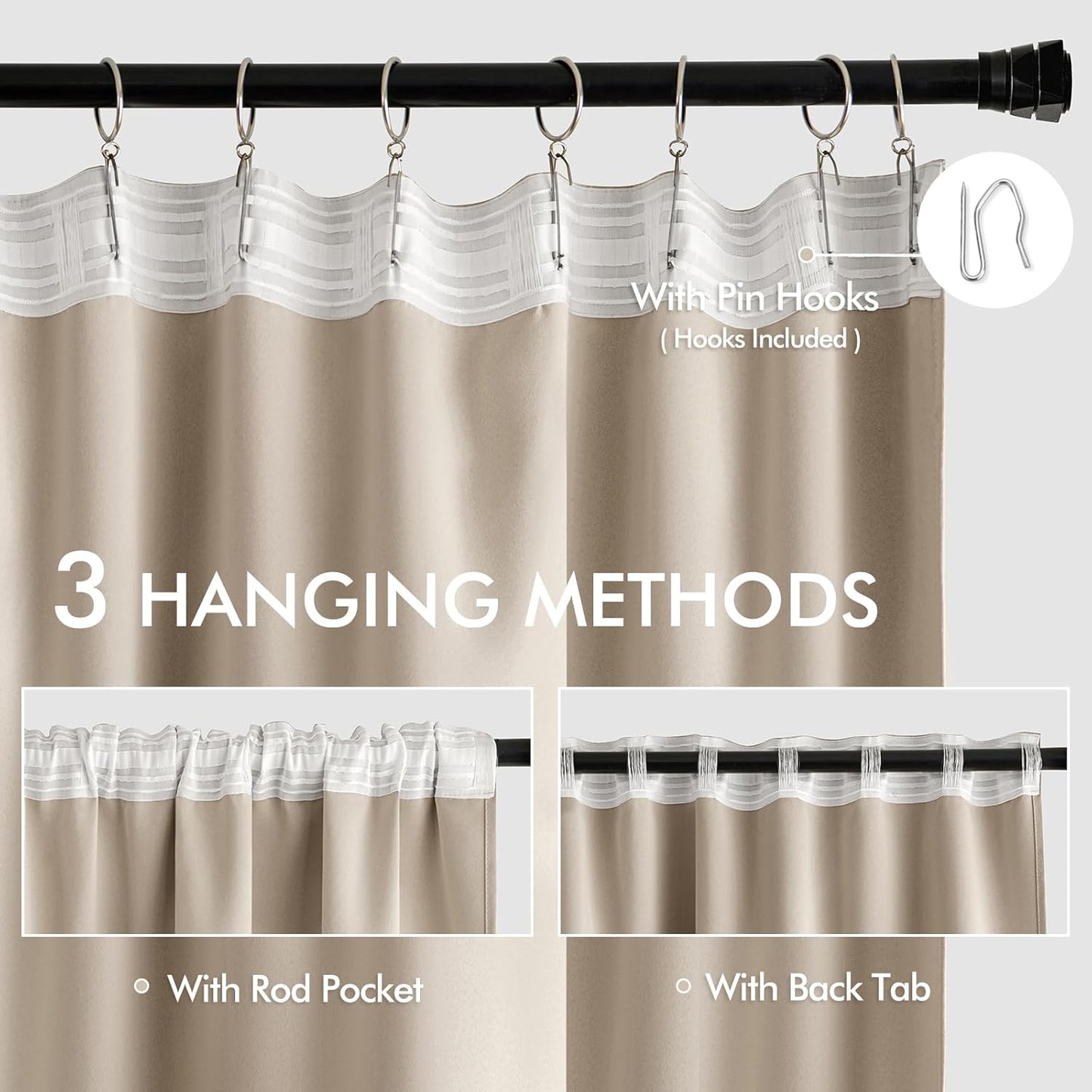 MIULEE Taupe Back Tab Blackout Curtains 63 Inch Length 2 Panels Set for Living Room Bedroom Privacy, Rod Pocket/Pinch Pleat Thermal Insulated Room Darkening Pleated Light Blocking Drapes