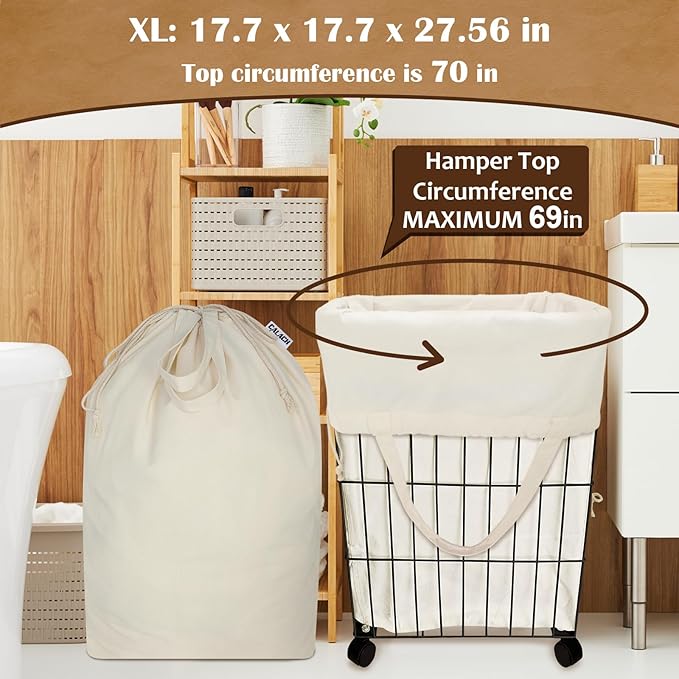 Canvas Laundry Bags 18x18in with Handles & Square Base, Extra Large Heavy Duty Laundry Basket Hamper Liner, Washable Drawstring Dirty Clothes Bag Canvas Storage Sack (Beige XL,1 Pack)