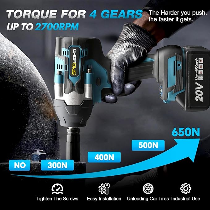 Cordless Impact Wrench 1/2 Inch - 600N.m Battery Powered High Torque Impact Gun with 2 Packs 4.0Ah Batteries, Electric Impact Driver/Drill for Auto Repair, Home DIYers and Mechanics