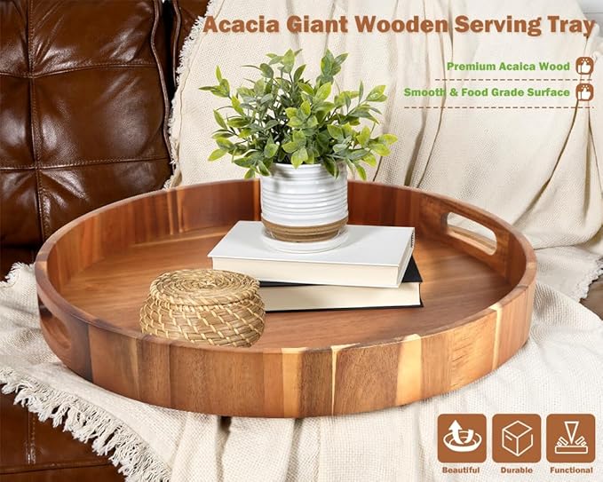 Extra Large Round Serving Tray, 20INCH, Heavy Duty Acacia Wood Trays for Big Ottoman Coffee Table Counter Giant Decorative Organizer Tray, Huge Kitchen Serveware Cheese Board Charcuterie Tray