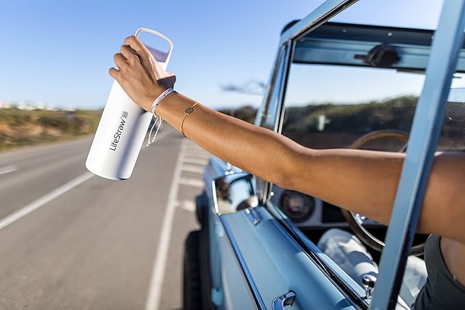 LifeStraw Go Series – Insulated Stainless Steel Water Filter Bottle for Travel and Everyday use removes Bacteria, parasites and microplastics, Improves Taste, 24oz Polar White