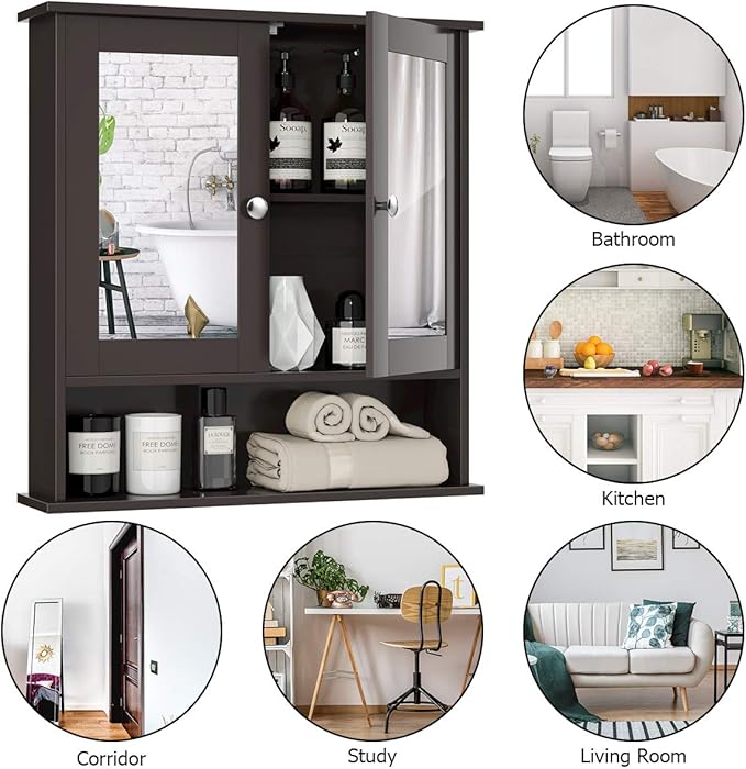 Tangkula Bathroom Medicine Cabinet with Mirror, Wall Mounted Wooden Hanging Organizer with Doors and Shelves, Bathroom Wall Mirror Cabinet (Mirror Doors, Brown)