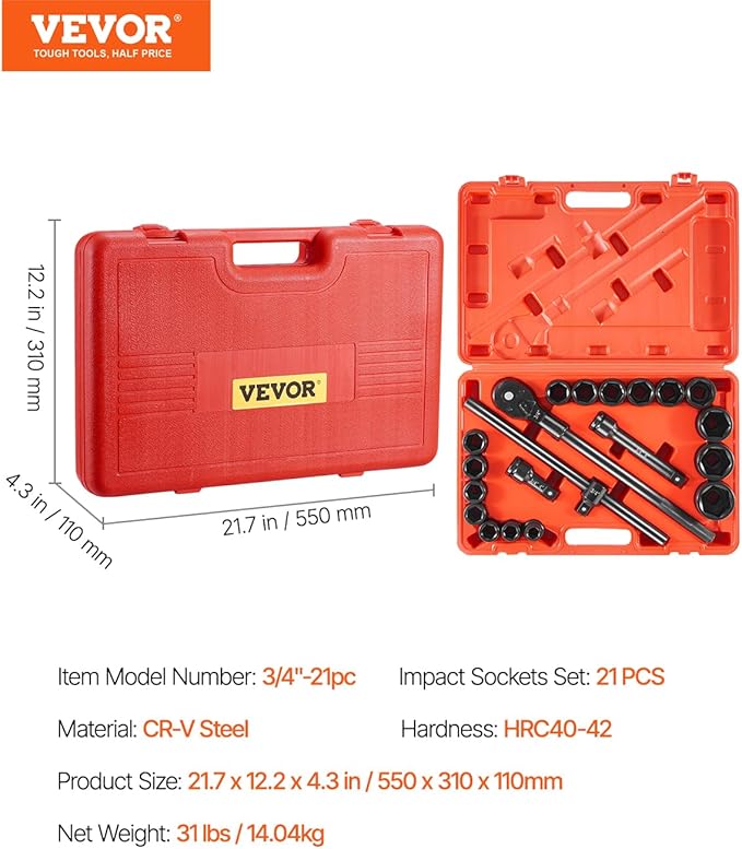 VEVOR 3/4 in Drive Impact Socket Set, 21 Pieces SAE 3/4 in to 2 in, 6 Point Cr-V Alloy Steel for Auto Repair, Easy-to-Read Size Markings, Includes Extension Bars, Ratchet Handle and Storage Case