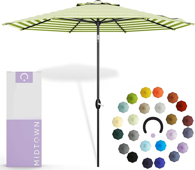 Midtown Umbrellas The Lean 10 Feet Outdoor Umbrella With Terylast Pear Stripes (Green/White Stripes) Polyester Fabric - Auto-Tilt Aluminum Frame Patio Umbrella For Deck, Garden, Pool - Black Pole