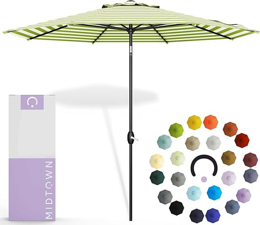 Midtown Umbrellas The Lean 10 Feet Outdoor Umbrella With Terylast Pear Stripes (Green/White Stripes) Polyester Fabric - Auto-Tilt Aluminum Frame Patio Umbrella For Deck, Garden, Pool - Black Pole