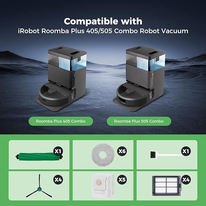 Yivy 21PCS Replacement Parts for iRobot Roomba Plus 405/505 Combo Robot Vacuum Cleaner, Kit Includes 1 Roller Brush, 4 Side Brushes, 5 Dust Bags, 4 HEPA Filters, 6 Mop Pads, 1 Cleaning Brush