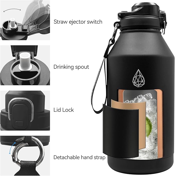 64 oz Insulated Water Bottle With Straw Pop-up & Auto Spout Lid, Flex Handel, Waterbottle Strap Carrier, Half Gallon Stainless Steel Water Hydro Jug Thermo Flask (Black)