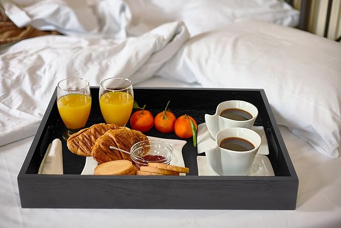 Wood Serving Tray with Handles, Home Decorative Wooden Rectangle Ottoman Decor Platter Vanity Tray for Breakfast Dinner Drinks Kitchen Dining Living Bathroom Restaurants Black