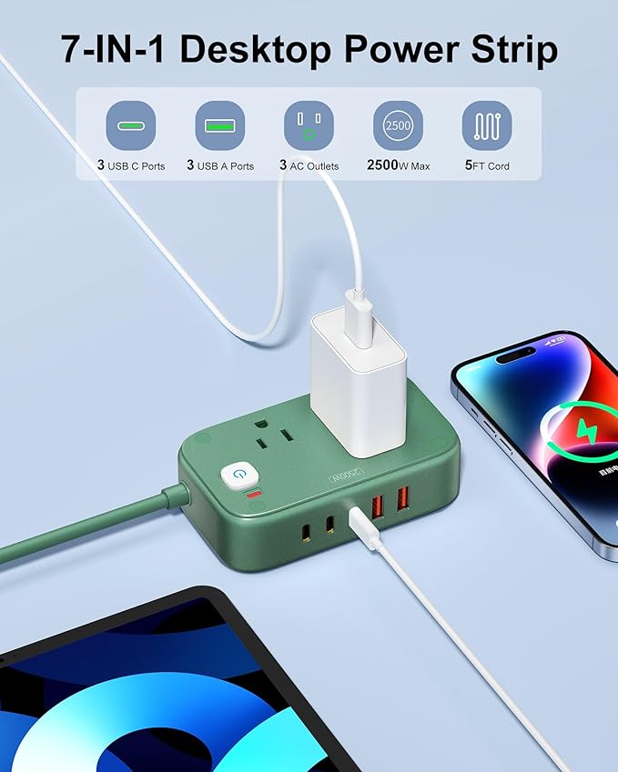 Power Strip with USB C - 40W Charging Station with 2 Outlets 3 USB C & 2 USB A - Charger for Multiple Devices, 5Ft Flat Plug Extension Cord for Travel Cruise Ship Office Dorm (Green)