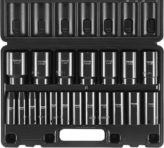 VEVOR Impact Socket Set, 19pcs x 1/2inch Metric 3/8-1-1/2 inch Impact Sockets, 6-Point Deep Socket Rugged Construction High-torque, Cr-V Drive Socket Set Impact with a Storage Cage