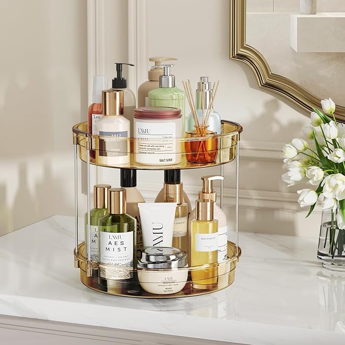 LAMU 2 Pack 2 Tier Lazy Susan Turntable Organizer 12'' Rotating Spice Rack Organization for Cabinet, Kitchen, Pantry, Countertop, Bathroom, Vanity, Medicine Cabinet Organizer, Amber