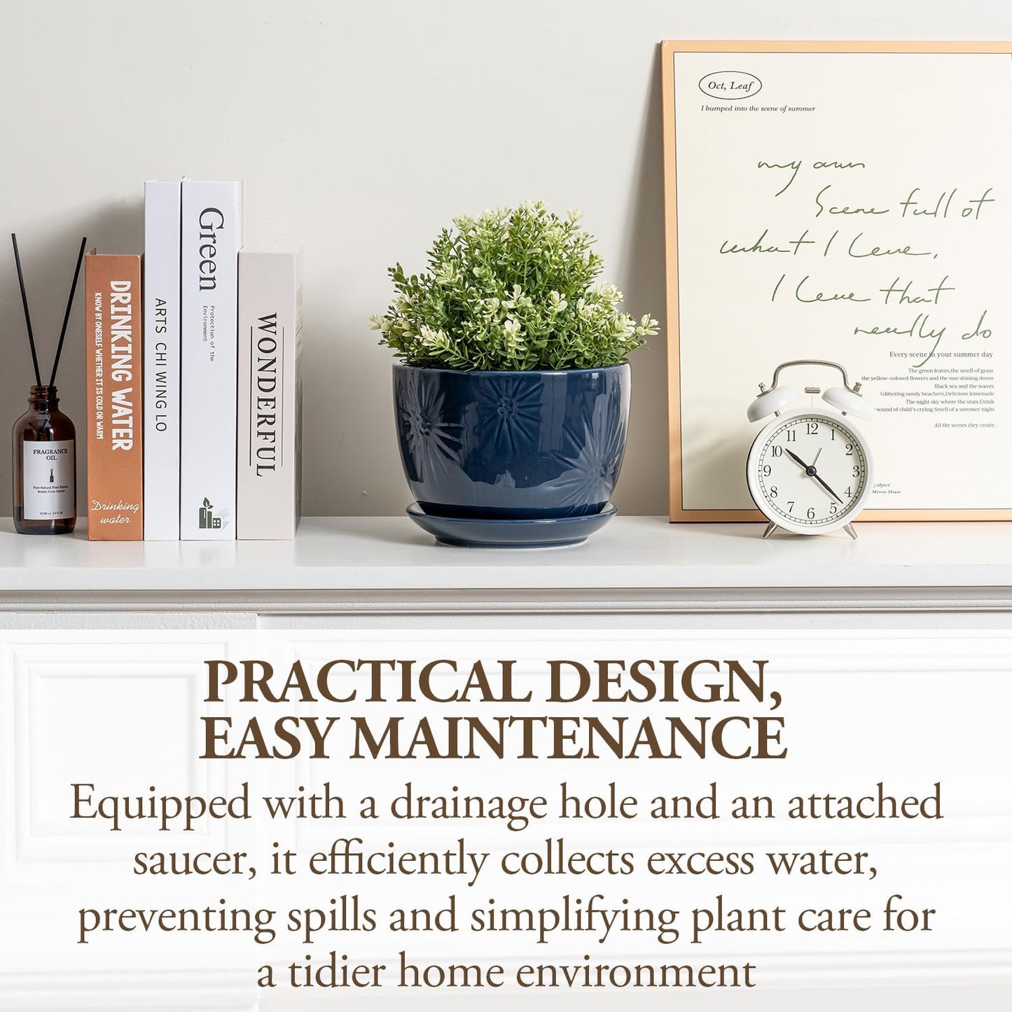 MyGift 7 Inch Round Blue Ceramic Plant Pot with Drainage Hole and Attached Saucer, Modern Decorative Embossed Sunburst Planter Container for Indoor Home Garden