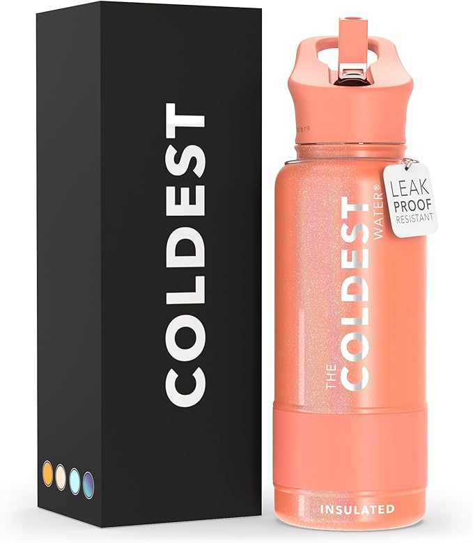 Coldest Sports Water Bottle with Straw Lid Vacuum Insulated Stainless Steel Metal Thermos Bottles Reusable Leak Proof Flask for Sports Gym (32 oz, Pink Froze Glitter)