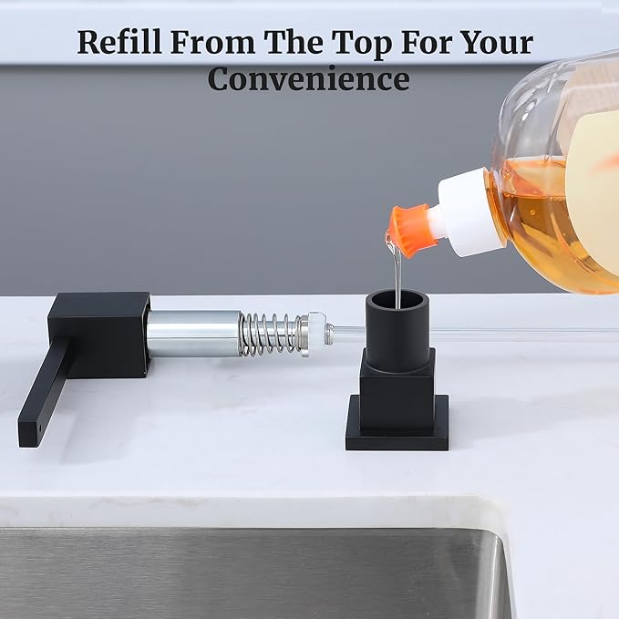 Sink Soap Dispenser for Kitchen Sink (Matte Black), All Brass Built-in and Refill from Top Design,Metal Hand Soap & Dish Soap Copper Pump