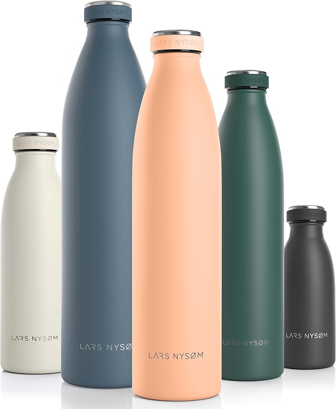 LARS NYSØM Stainless Steel Insulated Water Bottle 12oz 17oz 25oz 34oz 51oz | BPA-free Insulated Thermo Flask for Hot and Cold Beverages | Leakproof Drinking Bottle (Creamy Peach, 34oz)