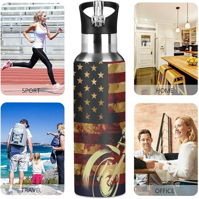 Skull Motorcycle American Flag Water Bottle - Reusable Water Bottle for Gym Bike Running Cycling 600 Milliliter 22 Ounce Stainless Steel Sports Water Bottle