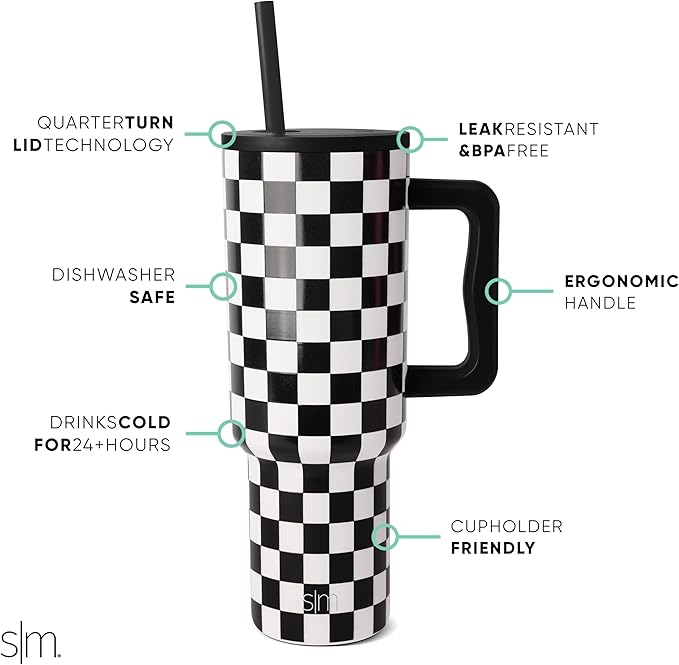 Simple Modern 40 oz Tumbler with Handle and Straw Lid | Insulated Reusable Stainless Steel Water Bottle Travel Mug Cupholder Friendly | Gift for Women Men | Trek Collection | Black and White Checkmate