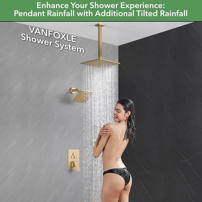 VANFOXLE Shower Faucet Set Brushed Gold Shower System,Push Button Diverter Shower Faucet with 2 in 1 Handheld,Ceiling Mount 10 Inch Shower Head with 6 Inch Wall Mount Shower Head