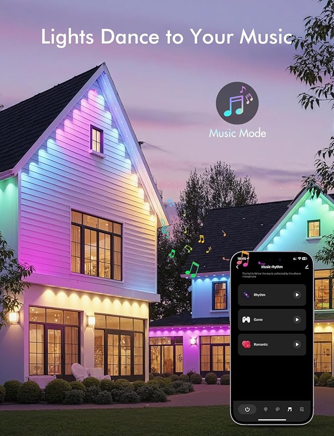 Permanent Outdoor Lights for House & Year-Round Use - Smart RGB+IC Color Changing Lights with APP/Voice Control, IP67 Waterproof, 124FT 72LEDs - Christmas, Patio, Garden, Commercial Decoration