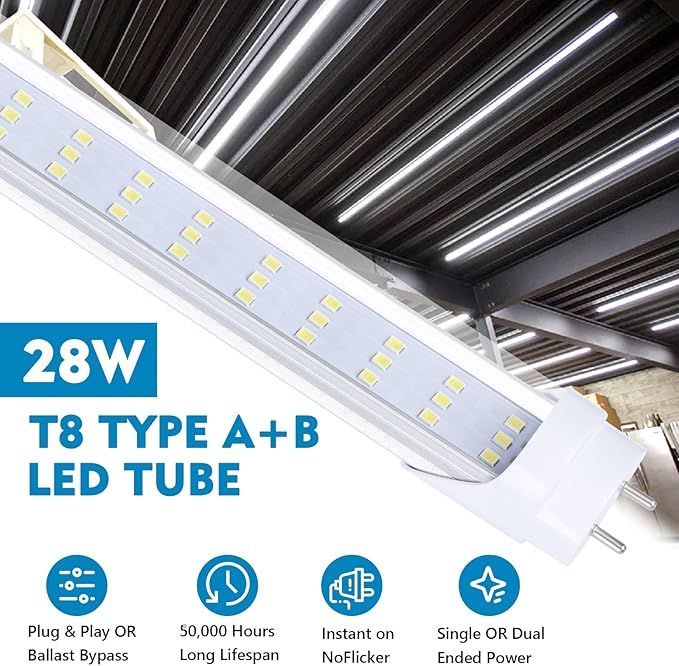 12 Pack, 4FT LED T8 Type A+B Tube Lights, 28W(80W Equivalent), 4000LM, 6000K, Clear Cover, Single or Double End Powered, Plug and Play or Ballast Bypass, 4 Foot T10 T12 Fluorescent Bulbs Replacement