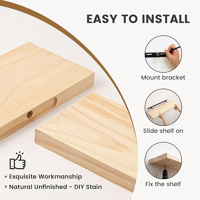 Fun Memories 48 Inch Floating Shelves for Wall, Deep Rustic Solid Pine Wood Floating Shelf - Farmhouse Wall Mounted Display Shelf with Heavy-Duty Metal Bracket, 48" W x 8" D, Set of 1, Unfinished