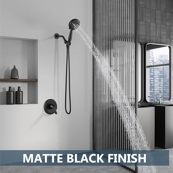 Aolemi Shower Faucet Set Rain Shower Head System Shower Trim Kit Pressure Rough-in Valve Included ABS 8 Setting Single Handheld Spray Matte Black