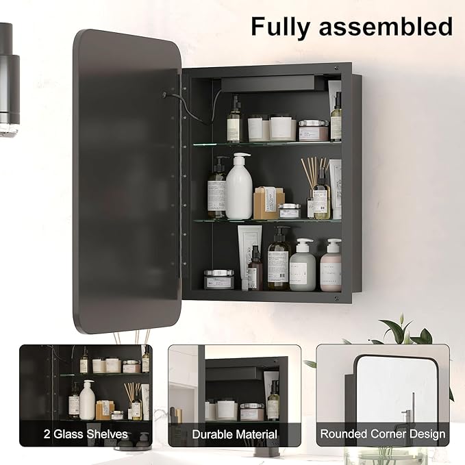 Metal Recessed Medicine Cabinets for Bathroom Medicine Cabinet with Mirror,Black Medicine Cabinet with Light,3 Color Lighted Medicine Cabinets Wall Mounted,Bathroom Mirror with Storage 16x24