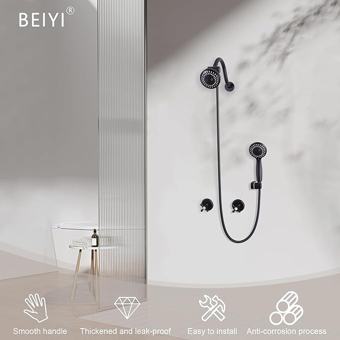 2 Handle Shower Faucet Set, Matte Black 5 Mode Shower Faucet Sets Complete Two Handle Shower Head and Handle Set Bathroom Shower Trim Kit with Rough-in Valve
