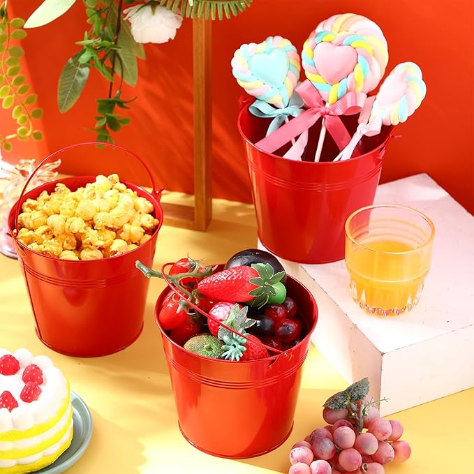 Rtteri 24 Pcs Metal Bucket, Small Metal Bucket, Party Favor Buckets with Handle, 6 x 5 Inch Ice Bucket for Kids, Flower Pot Plant Basket, Mini Toy Containers for Crafts Candy (Red)