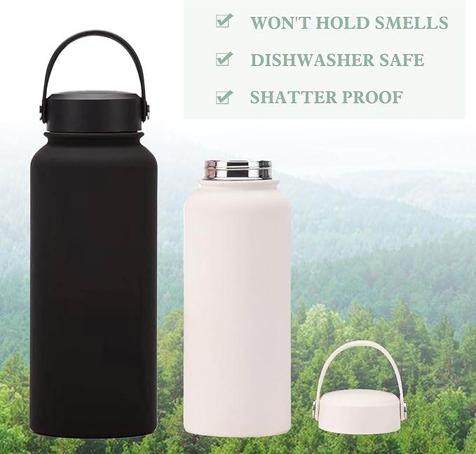 Mint Green 32 OZ Insulated Water Bottle, Large Metal Insulated Stainless Steel Water Flask, Big Sports Travel Water Bottle with 2 Lids, Insulated Sage Green Thermos Thermal Mug Cup